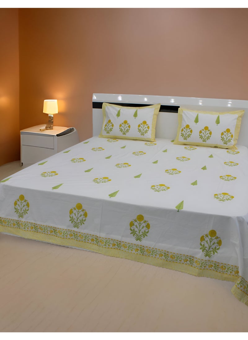 MARHABA CURTAIN 100% Cotton Jaipuri Handblock Print Double Bed Sheet with 2 Pillow Covers Premium Quality, Soft, Breathable (WHITE LILLY 13)  - Image 2