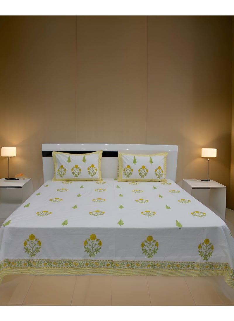 MARHABA CURTAIN 100% Cotton Jaipuri Handblock Print Double Bed Sheet with 2 Pillow Covers Premium Quality, Soft, Breathable (WHITE LILLY 13)  - Image 3