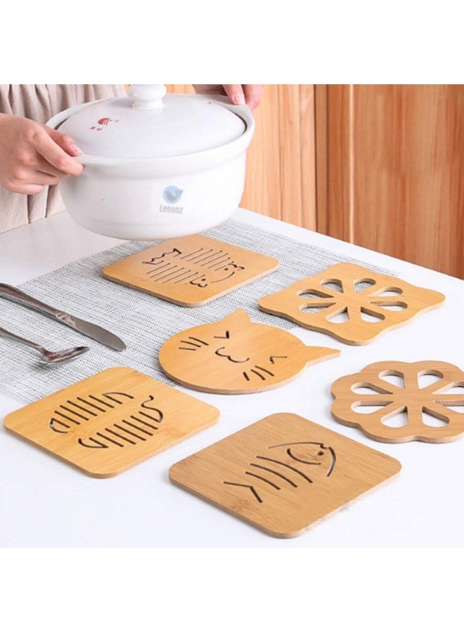 Leeonz Coasters for Drinks, Household Multifunctional Round/Square Dining Table Insulation Pad Non-Slip Placemat Bamboo Thickened Anti-Scalding Pot Bowl Plate Pad (Wood Big-Random Pattern, Set of 6) - Image 1
