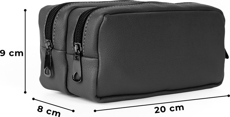 Gözde Proje Faux Leather Double Compartment Dark Grey Pencil Case - Makeup Bag  - Image 4