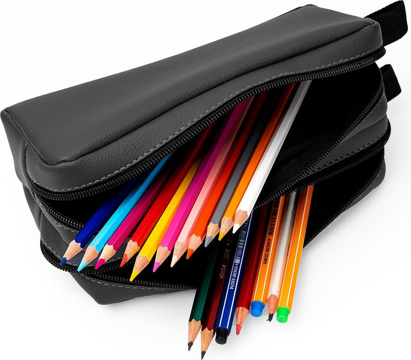 Gözde Proje Faux Leather Double Compartment Dark Grey Pencil Case - Makeup Bag  - Image 2