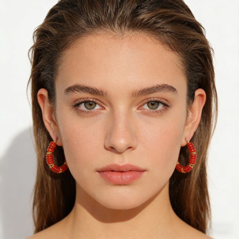 Wellike Beaded Hoop Earrings for Women Natural Stone Huggie Earrings 18k Gold Plated Hypoallergenic Statement Boho Earring Stainless Steel Trendy Jewelry - Image 3