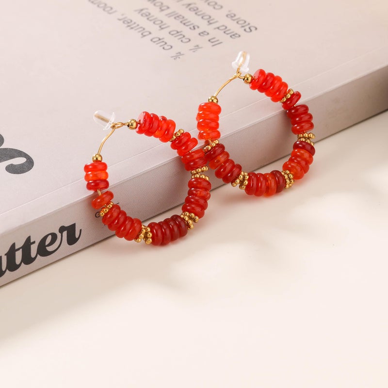 Wellike Beaded Hoop Earrings for Women Natural Stone Huggie Earrings 18k Gold Plated Hypoallergenic Statement Boho Earring Stainless Steel Trendy Jewelry - Image 4