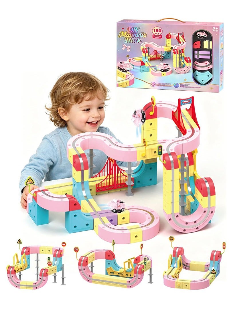 180-Piece Electric Train Set for Kids, Anti-Gravity 3D Race Track with LED Light-Up Rechargeable Car, DIY Magnetic Modular Building Kit, STEM Educational Toy Gift for  for Kids Ages 3+ - Image 1