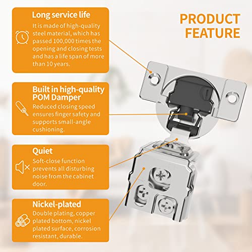 Chibery 10 Pack 1-3/8" Overlay 4D Soft Close Concealed Hinges for Face Frame Door, Adjustable Closing Speed, Smooth Slow Self Close Hinges, Satin Nickel, 105° Open Angle Stainless Steel Cabinet Hinges - Image 5