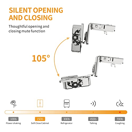 Chibery 10 Pack 1-3/8" Overlay 4D Soft Close Concealed Hinges for Face Frame Door, Adjustable Closing Speed, Smooth Slow Self Close Hinges, Satin Nickel, 105° Open Angle Stainless Steel Cabinet Hinges - Image 3