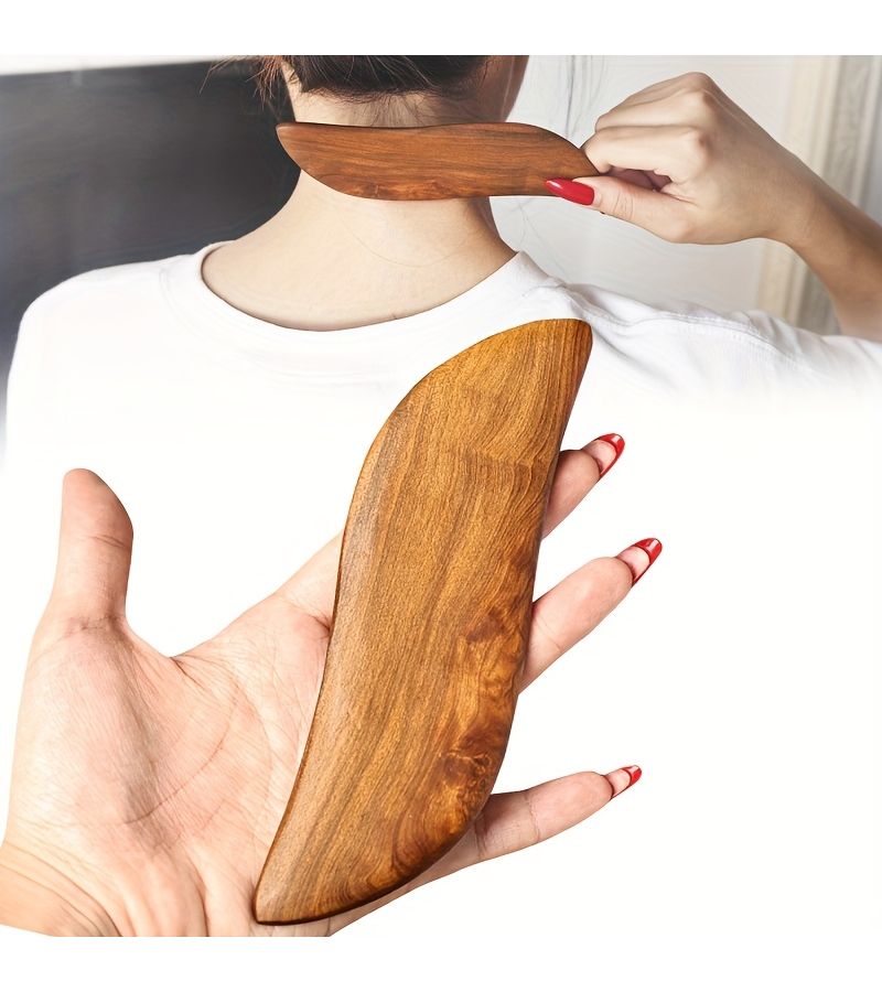 1pc Large Size Sandalwood Leaf Shaped Gua Sha Facial Massager For Full Body Relaxation Battery Free Use - Image 2