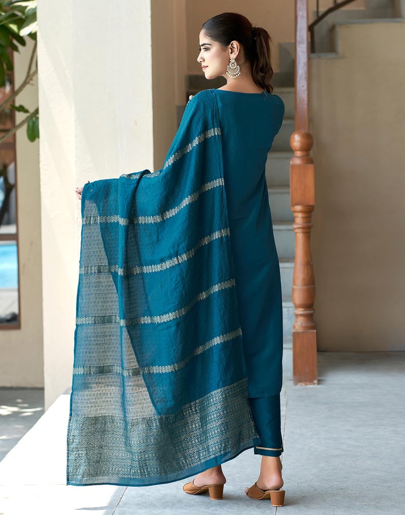 SIRIL Women's Cotton Blend Embroidered Kurta Pant with Dupatta Set | Ethnic Set | Suit Set | Kurta Set (154KBD1662-L_Teal Blue) - Image 2