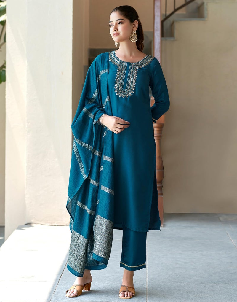 SIRIL Women's Cotton Blend Embroidered Kurta Pant with Dupatta Set | Ethnic Set | Suit Set | Kurta Set (154KBD1662-L_Teal Blue) - Image 4