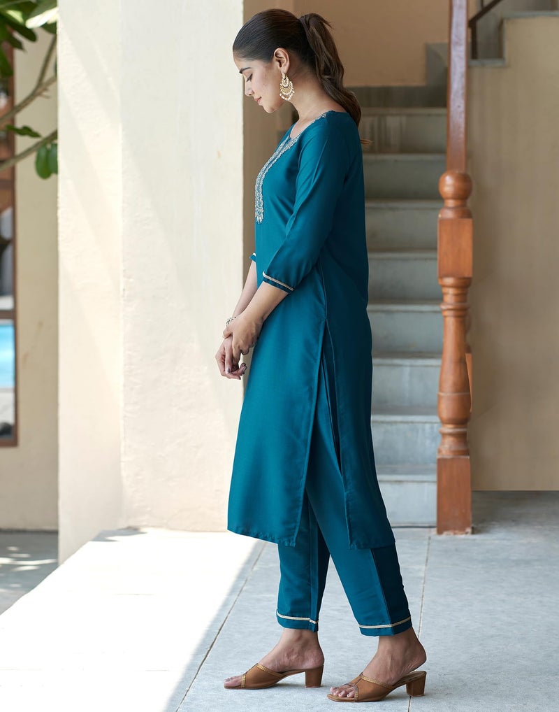 SIRIL Women's Cotton Blend Embroidered Kurta Pant with Dupatta Set | Ethnic Set | Suit Set | Kurta Set (154KBD1662-L_Teal Blue) - Image 3