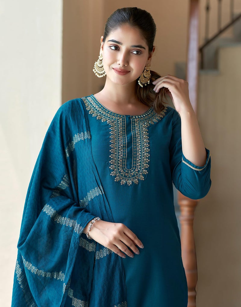 SIRIL Women's Cotton Blend Embroidered Kurta Pant with Dupatta Set | Ethnic Set | Suit Set | Kurta Set (154KBD1662-L_Teal Blue) - Image 5