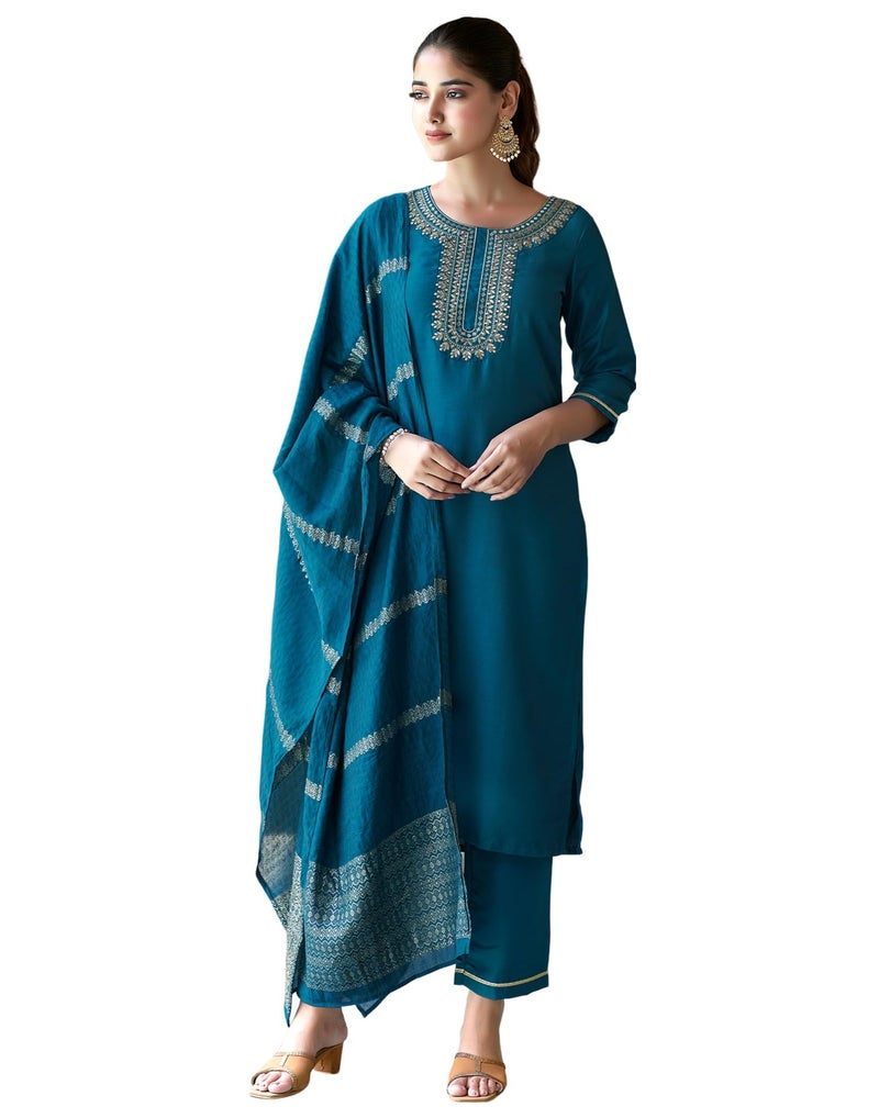 SIRIL Women's Cotton Blend Embroidered Kurta Pant with Dupatta Set | Ethnic Set | Suit Set | Kurta Set (154KBD1662-L_Teal Blue) - Image 1