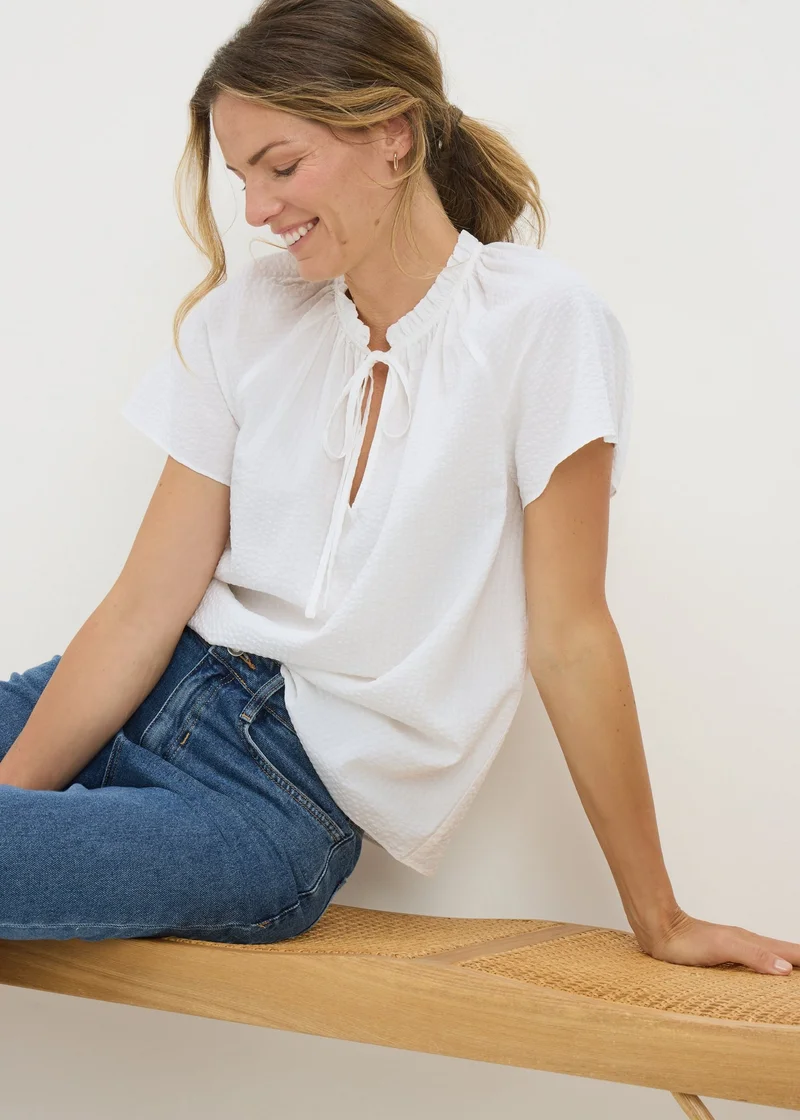Matalan White Boho Tie Neck Short Sleeve Blouse