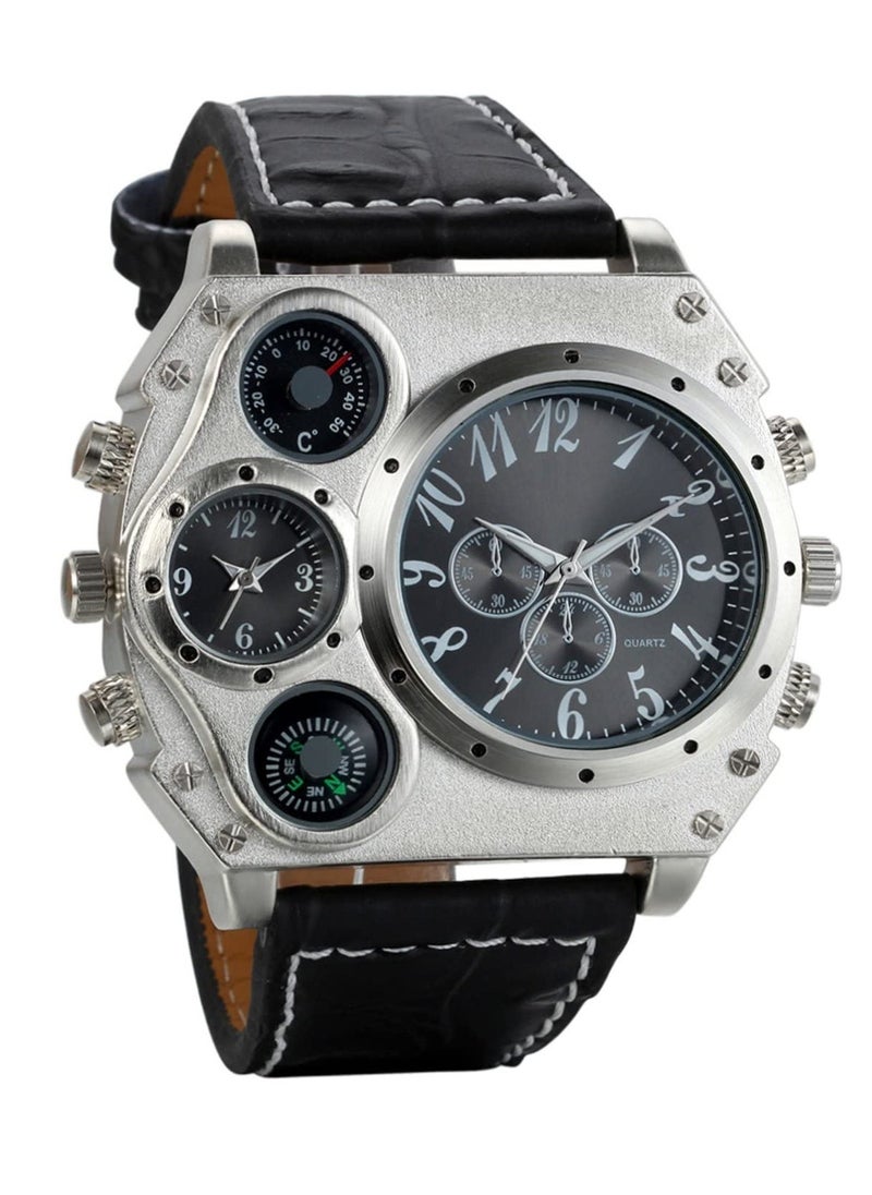 Generic - Mens Big Face Military Wrist Watch Analog Quartz Unique Cool Sport Watch PU Leather Strap Two Time Zone Display with Decorative Compass Thermometer Dial - Image 1