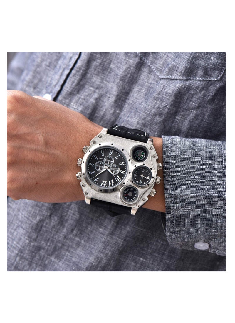 Generic - Mens Big Face Military Wrist Watch Analog Quartz Unique Cool Sport Watch PU Leather Strap Two Time Zone Display with Decorative Compass Thermometer Dial - Image 1
