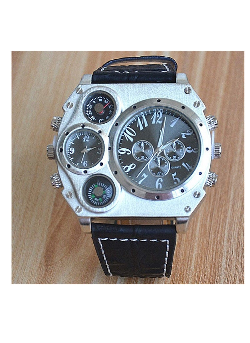 Generic - Mens Big Face Military Wrist Watch Analog Quartz Unique Cool Sport Watch PU Leather Strap Two Time Zone Display with Decorative Compass Thermometer Dial - Image 1