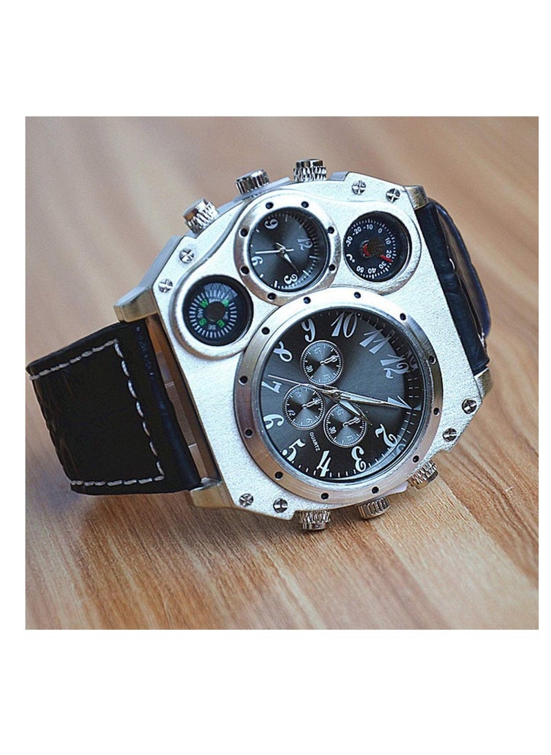 Generic - Mens Big Face Military Wrist Watch Analog Quartz Unique Cool Sport Watch PU Leather Strap Two Time Zone Display with Decorative Compass Thermometer Dial - Image 1