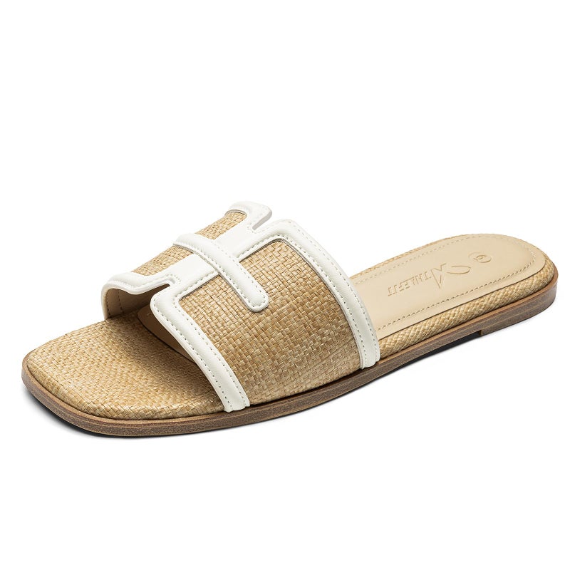 Athlefit Raffia Flat Sandals for Women Comfortable Square Open Toe Slip On Summer Beach Casual Slide Sandals Natural Size 7 - Image 1