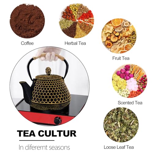 Dachenus Cast Iron Tea Pot Honeycomb Pattern Tea Kettle with Tea Leaf InfuserStovetop Tea Kettle Coated with Enameled InteriorSuitable for Brewing Loose Leaf Tea Gold - Image 3