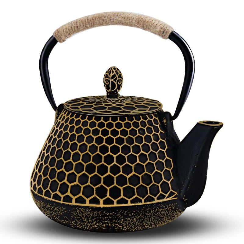 Dachenus Cast Iron Tea Pot Honeycomb Pattern Tea Kettle with Tea Leaf InfuserStovetop Tea Kettle Coated with Enameled InteriorSuitable for Brewing Loose Leaf Tea Gold - Image 2