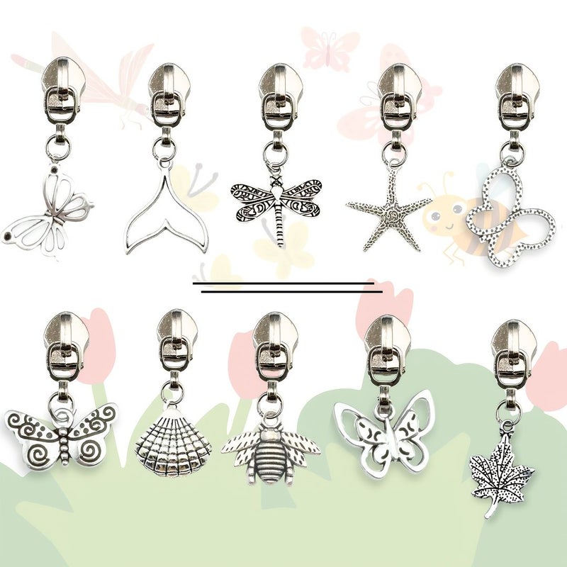 5 Nylon Zipper Pulls Ocean Series Style 4 Seashell Turtle Fish Seahorse Butterfly Shapes - Image 1