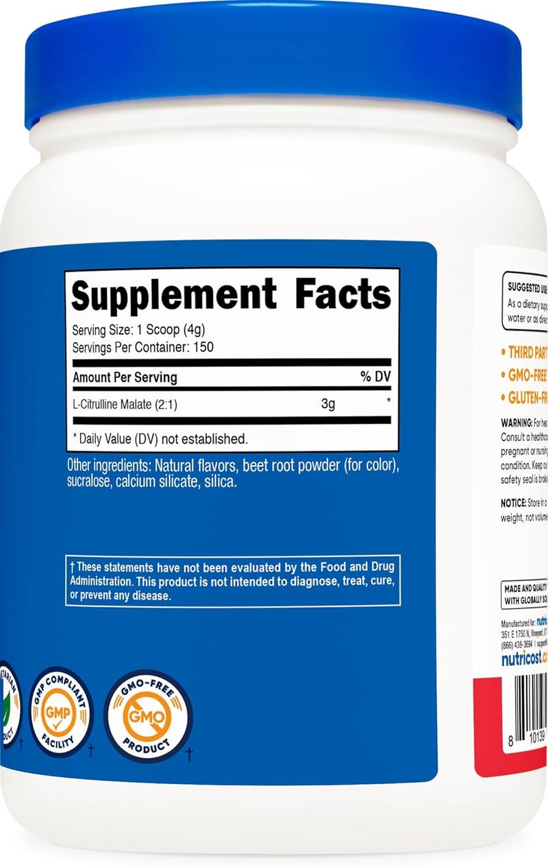 Nutricost نوتريكوست إل سيترولين ماليت 21 600 جرام نكهة فواكه لدعم التمرين وأداء العضلات معزز أكسيد النيتريك مكمل غذائي مسحوق 75 حصة - Image 5