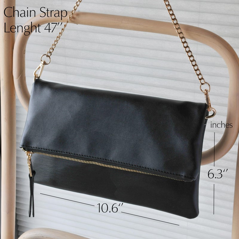 Hoxis Women's Zipper Foldover Clutch Vegan Leather Envelope Cross body Bag with Chain Strap (Black) - Image 4