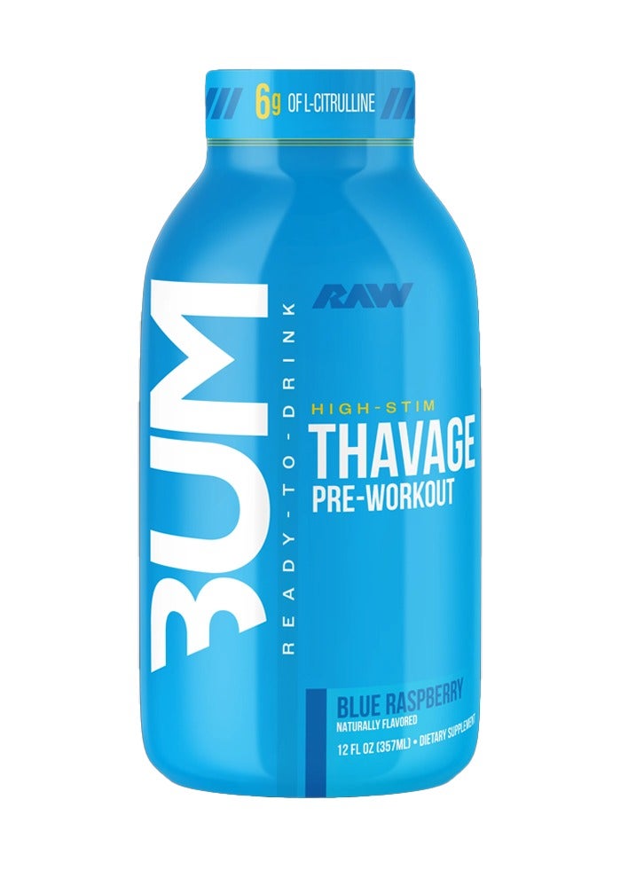 رو مشروب ما قبل التمرين الجاهز للشرب من RAW، بنكهة التوت الأزرق - مخفوق بروتين BUM Thavage RTD، عبوة 355 مل (عبوة واحدة) - Image 1