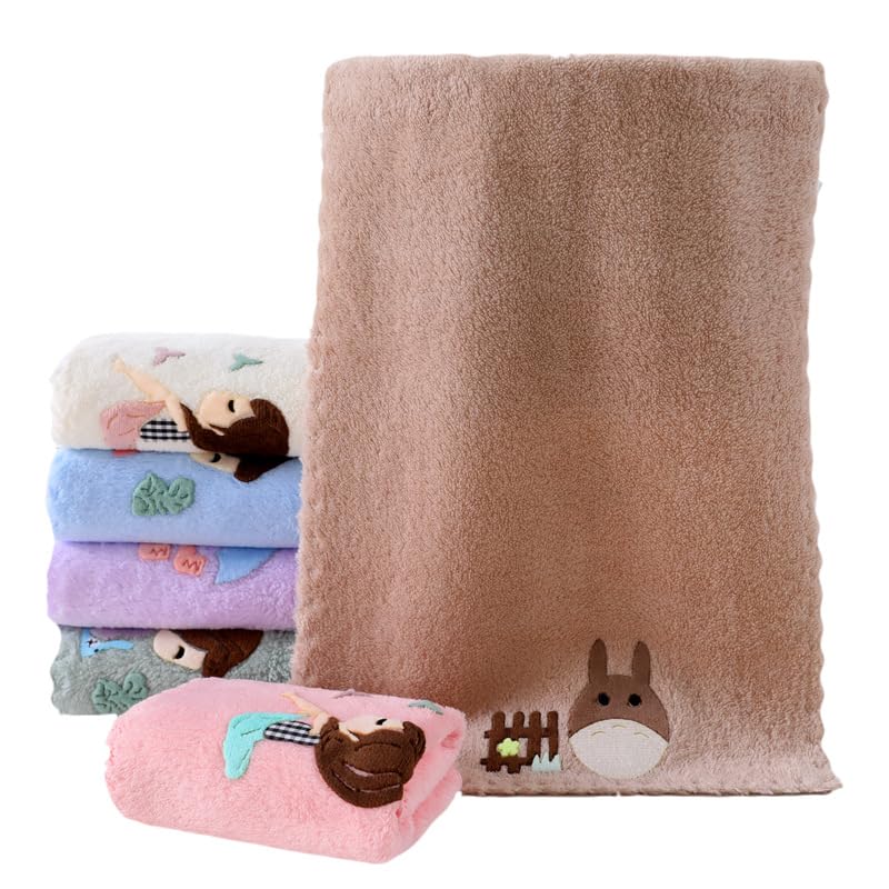 CLUZE Microfiber Wash Towels Quick Absorbent Soft Coral Fleece Kids Handkerchief- Face Towel for Girls Cute Doll Embroidered Hanky, Baby Shower Gift (35x75 cm) (Brown)