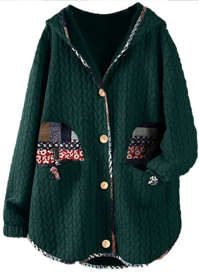 Loquat Autumn And Winter New Mother Coat With Hooded Single Breasted Ethnic Style Printed Long Sleeve Green 