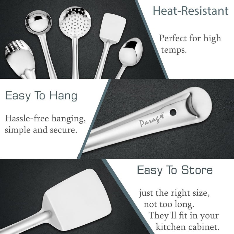 Parage 5 Pieces Stainless Steel Kitchen Tools Set for Kitchen Cooking and Serving, Pack of 5, Ladle(Karchhi), Skimmer(Jhara), Turner/Spatula (Palta), Basting and Rice Spoon, Silver - Image 5
