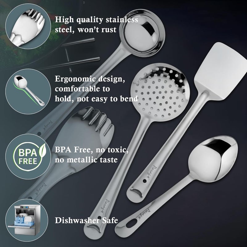 Parage 5 Pieces Stainless Steel Kitchen Tools Set for Kitchen Cooking and Serving, Pack of 5, Ladle(Karchhi), Skimmer(Jhara), Turner/Spatula (Palta), Basting and Rice Spoon, Silver - Image 4