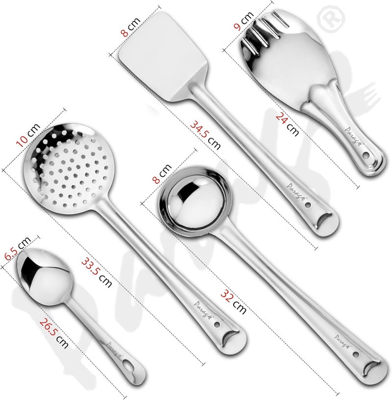 Parage 5 Pieces Stainless Steel Kitchen Tools Set for Kitchen Cooking and Serving, Pack of 5, Ladle(Karchhi), Skimmer(Jhara), Turner/Spatula (Palta), Basting and Rice Spoon, Silver - Image 2