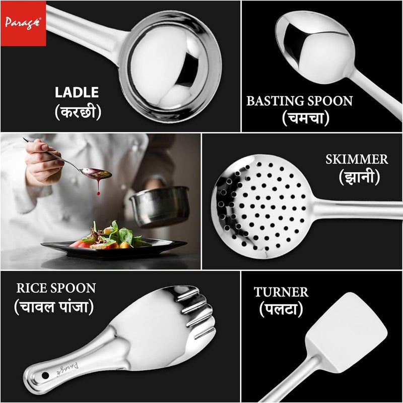 Parage 5 Pieces Stainless Steel Kitchen Tools Set for Kitchen Cooking and Serving, Pack of 5, Ladle(Karchhi), Skimmer(Jhara), Turner/Spatula (Palta), Basting and Rice Spoon, Silver - Image 3