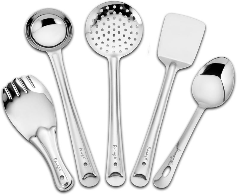 Parage 5 Pieces Stainless Steel Kitchen Tools Set for Kitchen Cooking and Serving, Pack of 5, Ladle(Karchhi), Skimmer(Jhara), Turner/Spatula (Palta), Basting and Rice Spoon, Silver - Image 1