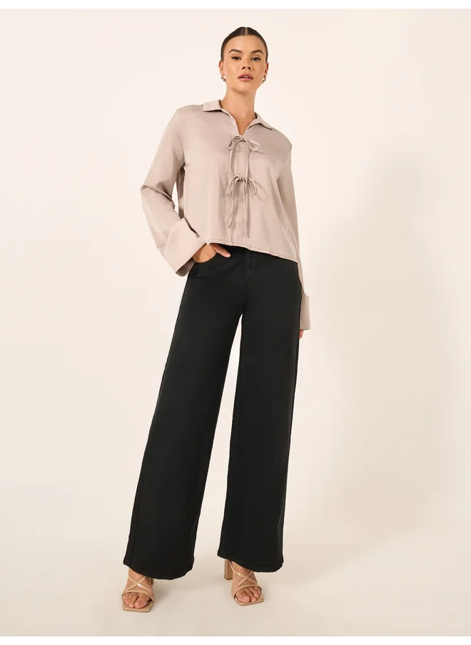 Styli Styli Oversized Tie-Up Detail Spread Collar Shirt