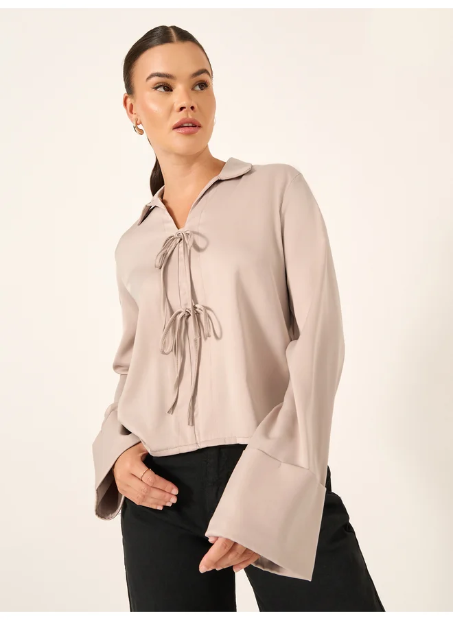 Styli Styli Oversized Tie-Up Detail Spread Collar Shirt