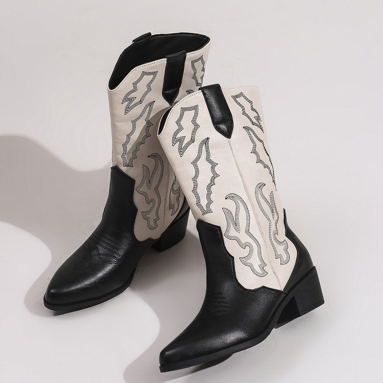 Western Cowboy Boots Women'S Thick-Heeled 2023 New Embroidered Slimming Mid-Heeled Boots Mid-Heeled Pointed Color-Matching Knights Boots - Image 5