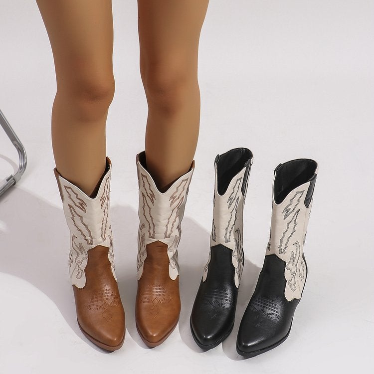 Western Cowboy Boots Women'S Thick-Heeled 2023 New Embroidered Slimming Mid-Heeled Boots Mid-Heeled Pointed Color-Matching Knights Boots - Image 2