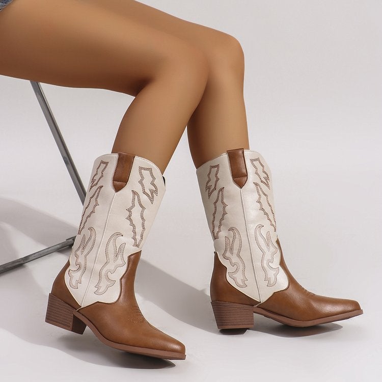 Western Cowboy Boots Women'S Thick-Heeled 2023 New Embroidered Slimming Mid-Heeled Boots Mid-Heeled Pointed Color-Matching Knights Boots - Image 3