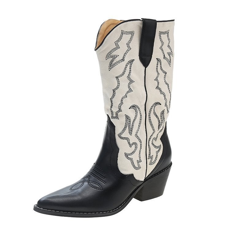 Western Cowboy Boots Women'S Thick-Heeled 2023 New Embroidered Slimming Mid-Heeled Boots Mid-Heeled Pointed Color-Matching Knights Boots - Image 1