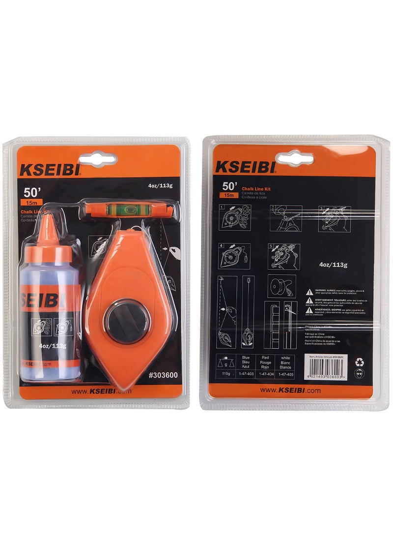 KSEIBI - Chalk Line Set Cla, Spec15 m, Self-Chalking Cotton Snap Line, Plumb Bob Chalk Line Reel, Line Level & Chalk Bottle, for Making Straight and Level Markings Over Large Distances. - Image 1