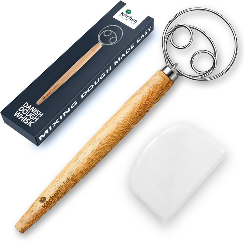 KitchenThinker 13 Inch Danish Dough Whisk with Dough Scraper, Dutch Bread Whisk with Stainless Steel Dough Hook, Sourdough Whisk for Baking, Bread Whisking Tool - Image 1