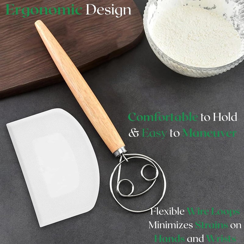 KitchenThinker 13 Inch Danish Dough Whisk with Dough Scraper, Dutch Bread Whisk with Stainless Steel Dough Hook, Sourdough Whisk for Baking, Bread Whisking Tool - Image 3