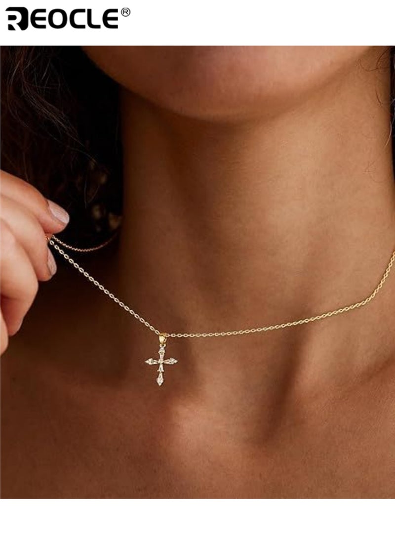 ريوكل قلادة نسائية متعددة الأحجار بتصميم صليب سلسلة رفيعة مع تعليقة صليب متدرجة مزينة ببريق لامع لإطلالة رمزية أنيقة - Image 2