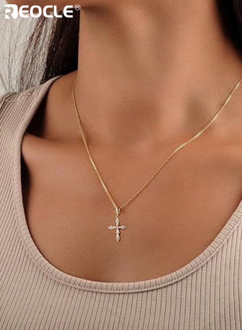 ريوكل قلادة نسائية متعددة الأحجار بتصميم صليب سلسلة رفيعة مع تعليقة صليب متدرجة مزينة ببريق لامع لإطلالة رمزية أنيقة - Image 1
