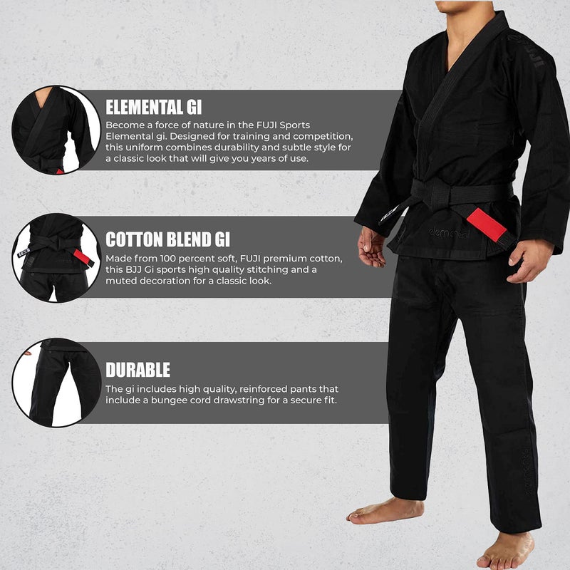 FUJI Elemental Brazilian Jiu Jitsu Gi, BJJ Uniform with Pearl Weave Jacket, made from Cotton Blend Black, Size A1 - Image 5