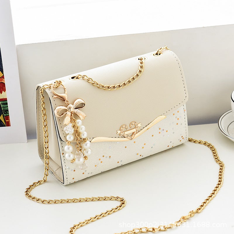 2024 Trendy Sequin Chain Shoulder Bag Rice white belt pendant - Image 1