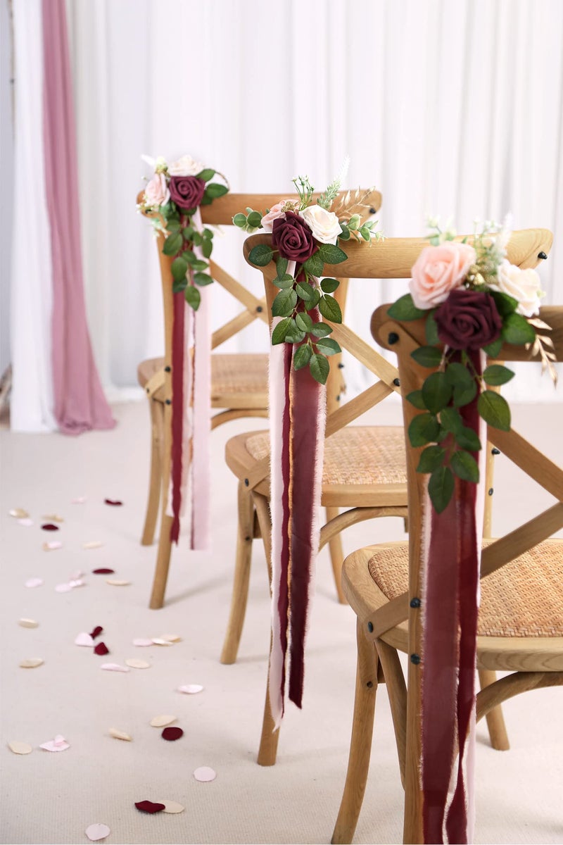 DreamBuilt Wedding Aisle Decorations for Wedding Ceremony Set of 10 Pew Flowers for Church Chair Decorations Party Decor with Artificial Flowers Eucalyptus and Ribbons Burgundy - Image 3