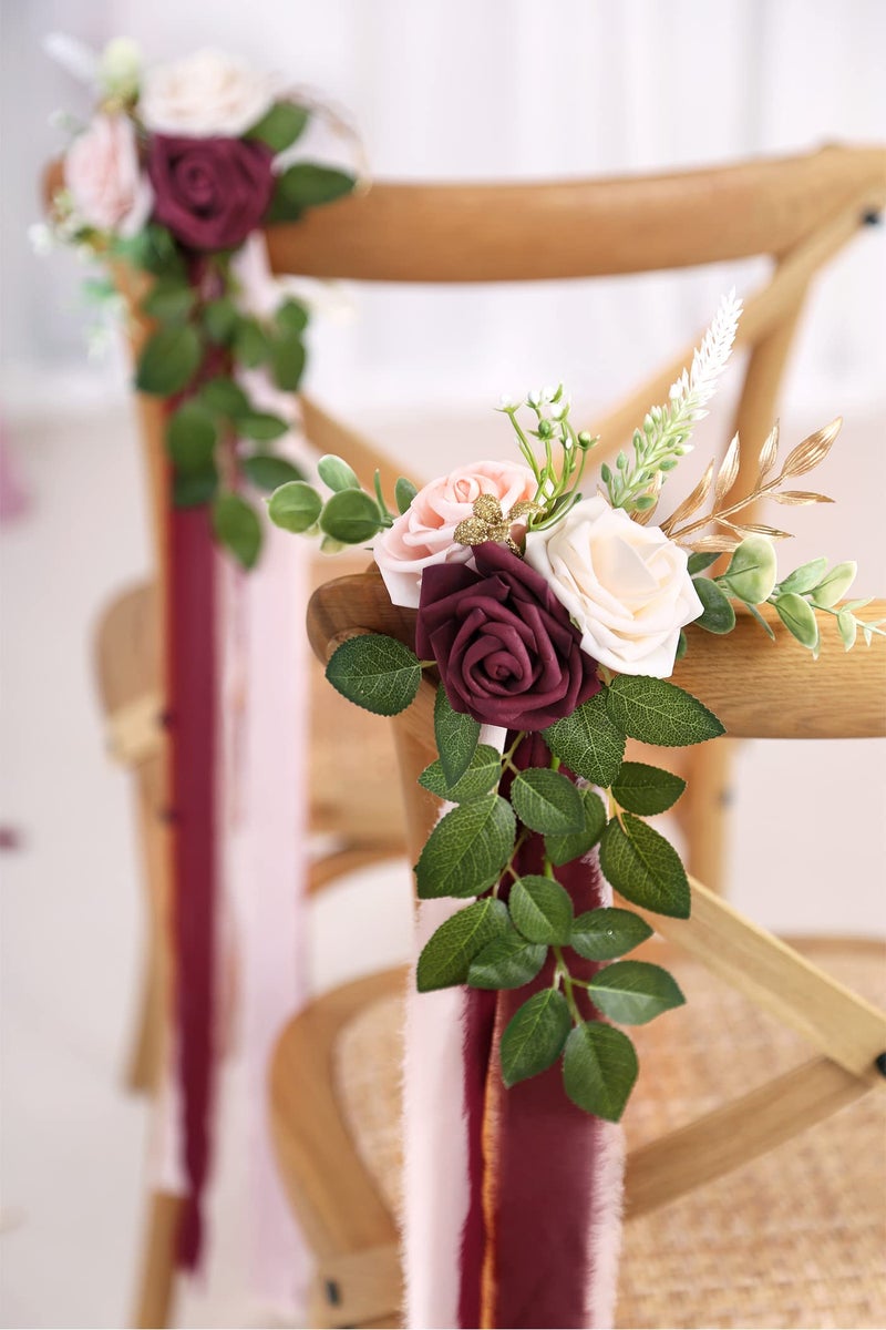 DreamBuilt Wedding Aisle Decorations for Wedding Ceremony Set of 10 Pew Flowers for Church Chair Decorations Party Decor with Artificial Flowers Eucalyptus and Ribbons Burgundy - Image 4